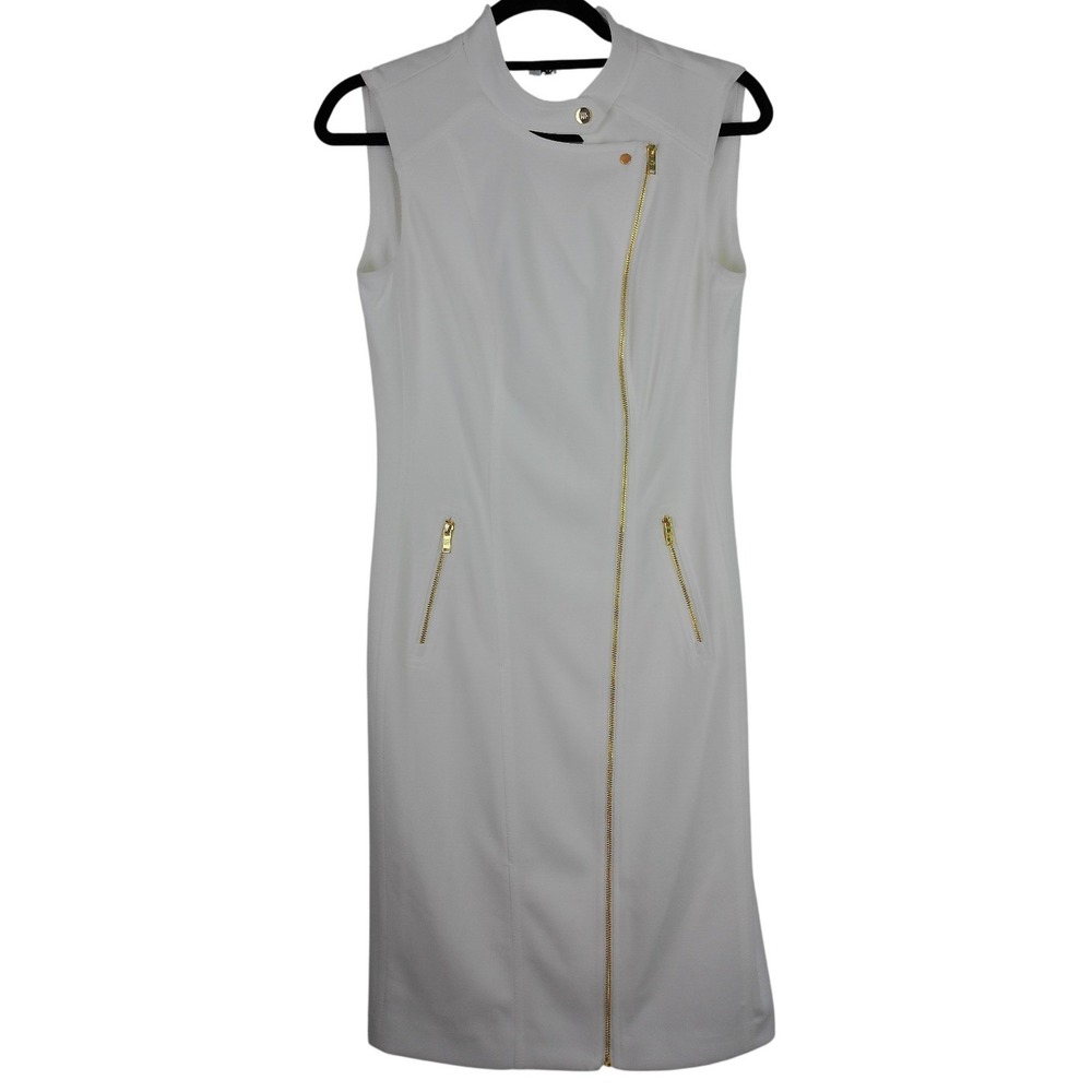 DKNY Ivory Sleeveless Moto Sheath Dress Gold Hardware DD6B1J58 | Size 4 NWT
